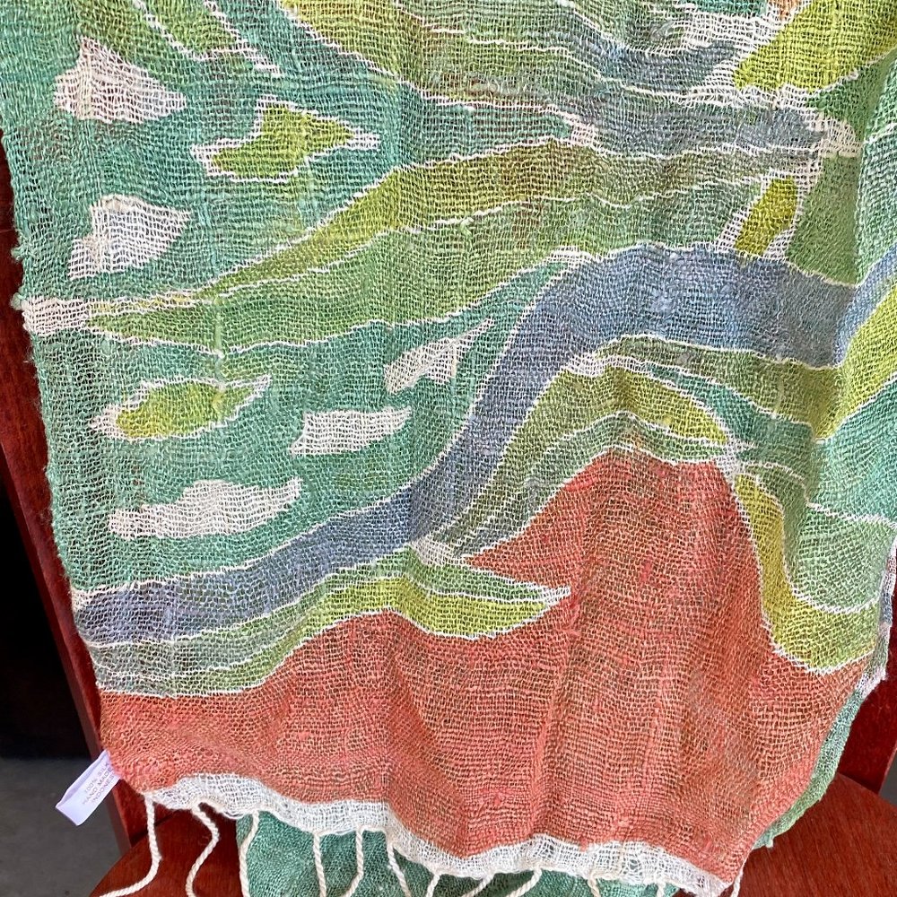 Bali Buyer's Handwoven Undulating Watercolor Abstract-Print Fringed Scarf